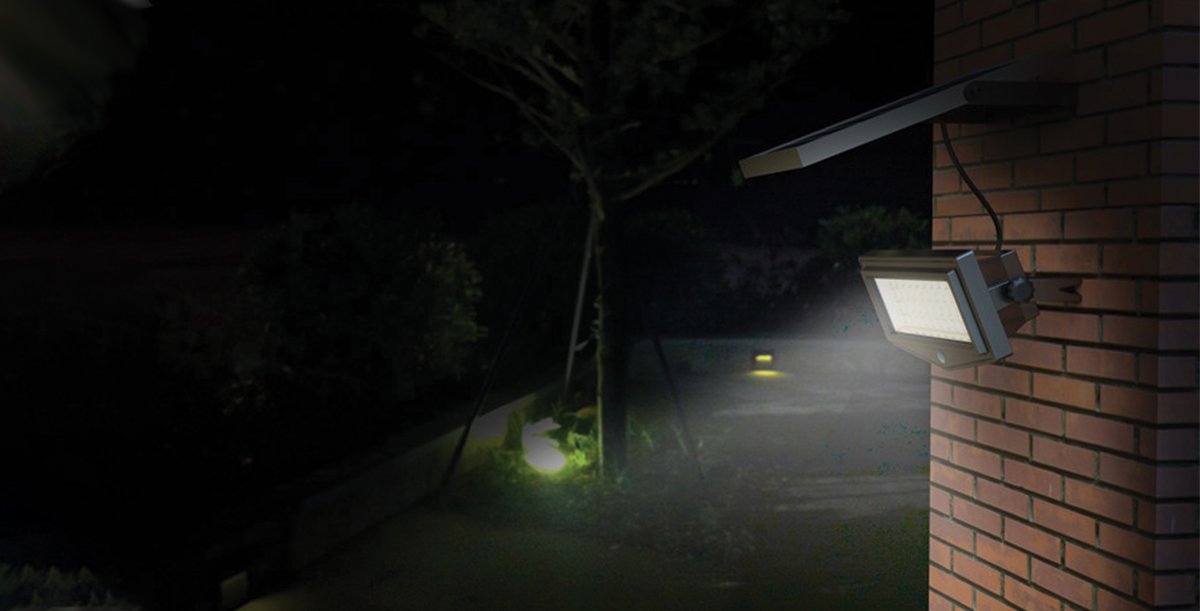 solar powered security flood light with motion detector shining or burglar at night
