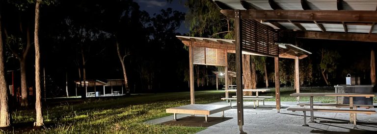 Solar lights shining in Teviot Park in Logan, Brisbane