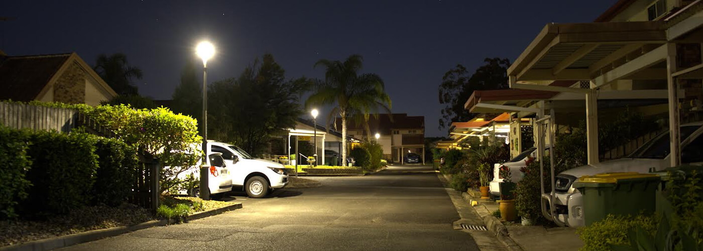 Reliable solar lights illuminating road and pathways of a retirement village in Queensland