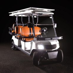 Front view of a solar 6 person golf cart