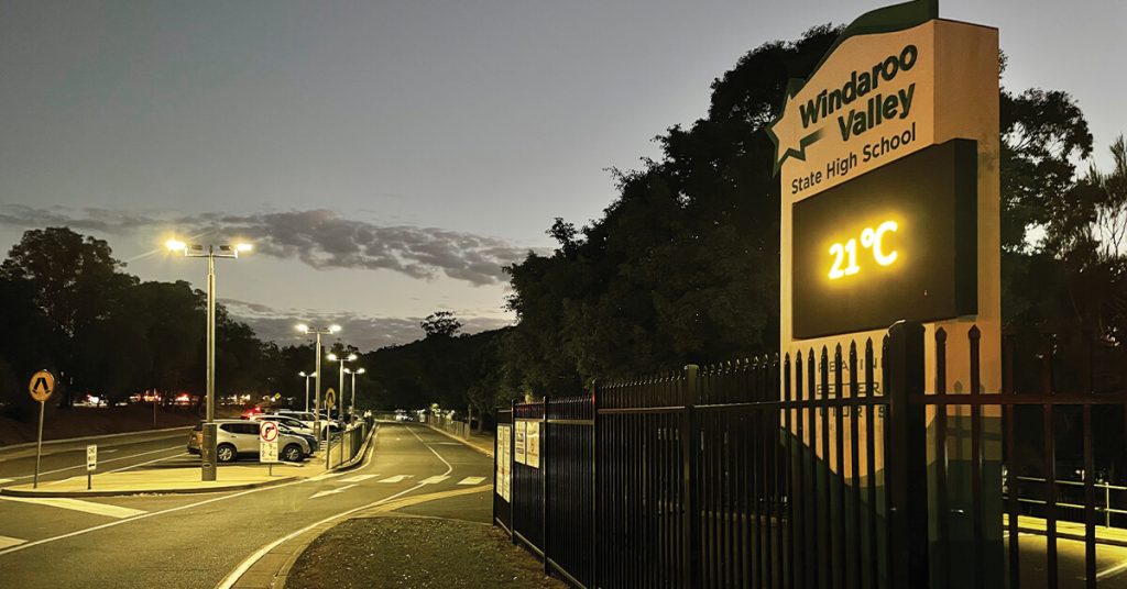 Solar lights shining down on the carpark of Windaroo Valley State High School