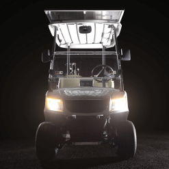 Front view 2 seater golf cart with headlights on
