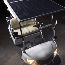 Close up view of solar panel on the roof of a two seater golf buggy