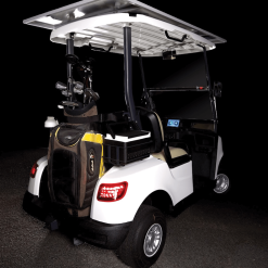 Rear view of a white solar powered golf cart