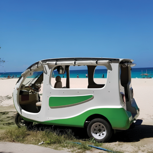 A solar tuktuk parked on a beach in Australia