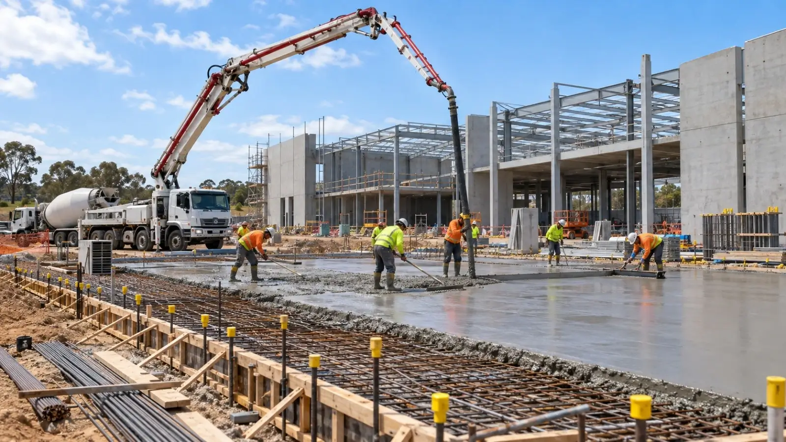 Concrete pump at a commercial building site using an additional power supply