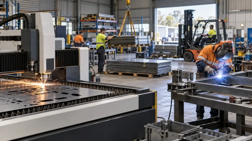 Electrical tools and appliances being used inside a metal fabrication warehouse