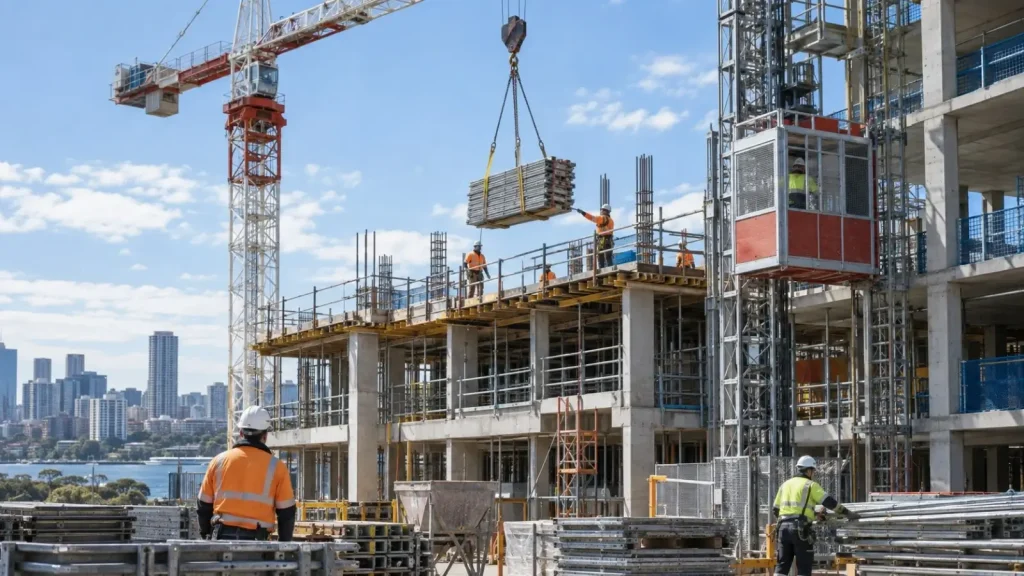 Crane lifting building materials at a building site